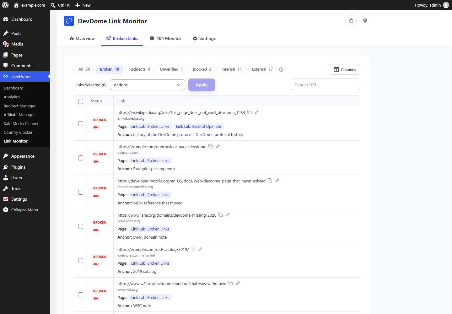 Broken link checker results with status, page, anchor text and filters for broken, redirects, unverified, internal and external