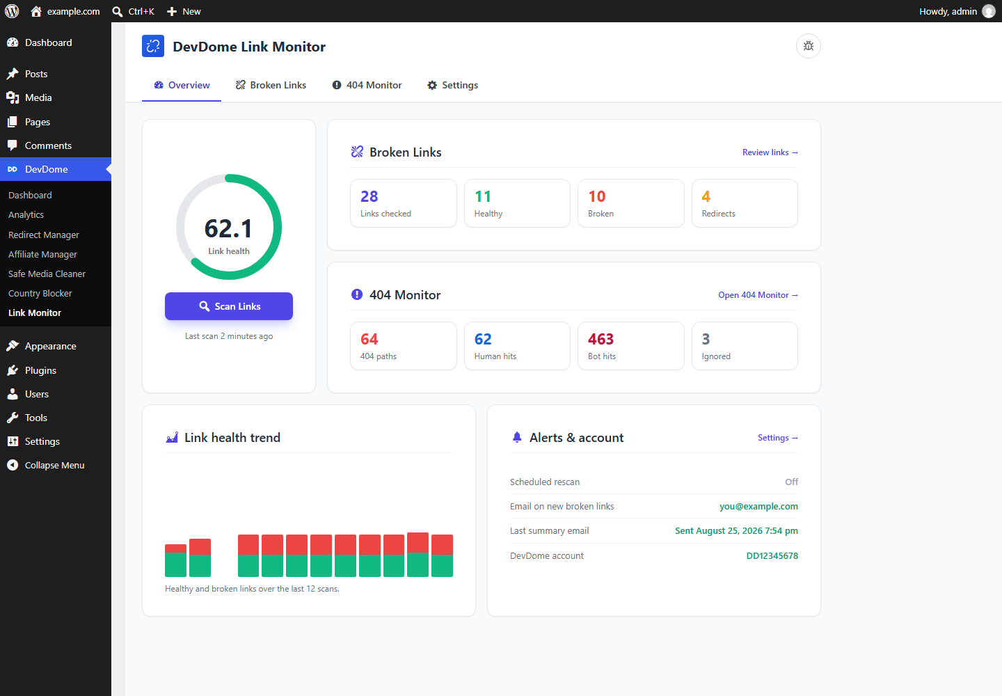 DevDome Link Monitor dashboard: WordPress link health score, broken link totals, 404 monitor with human and bot hits