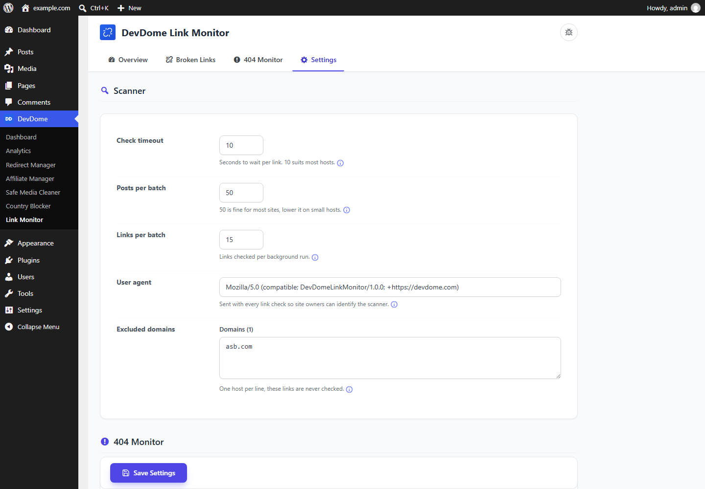Link scanner settings: check timeout, posts and links per batch, user agent and excluded domains