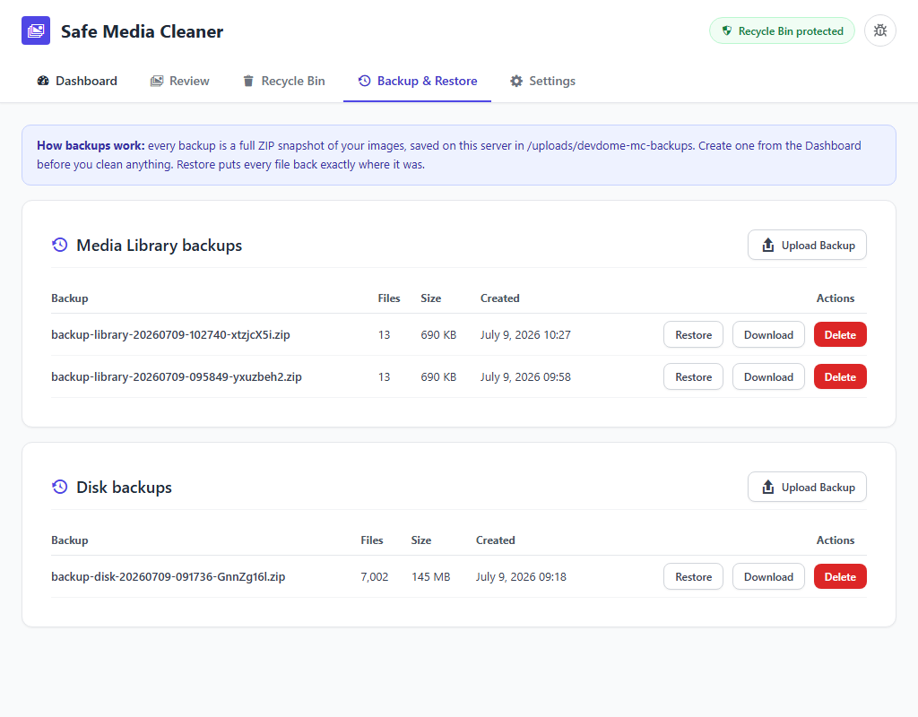 WordPress media backup and restore: ZIP backups before cleaning the Media Library