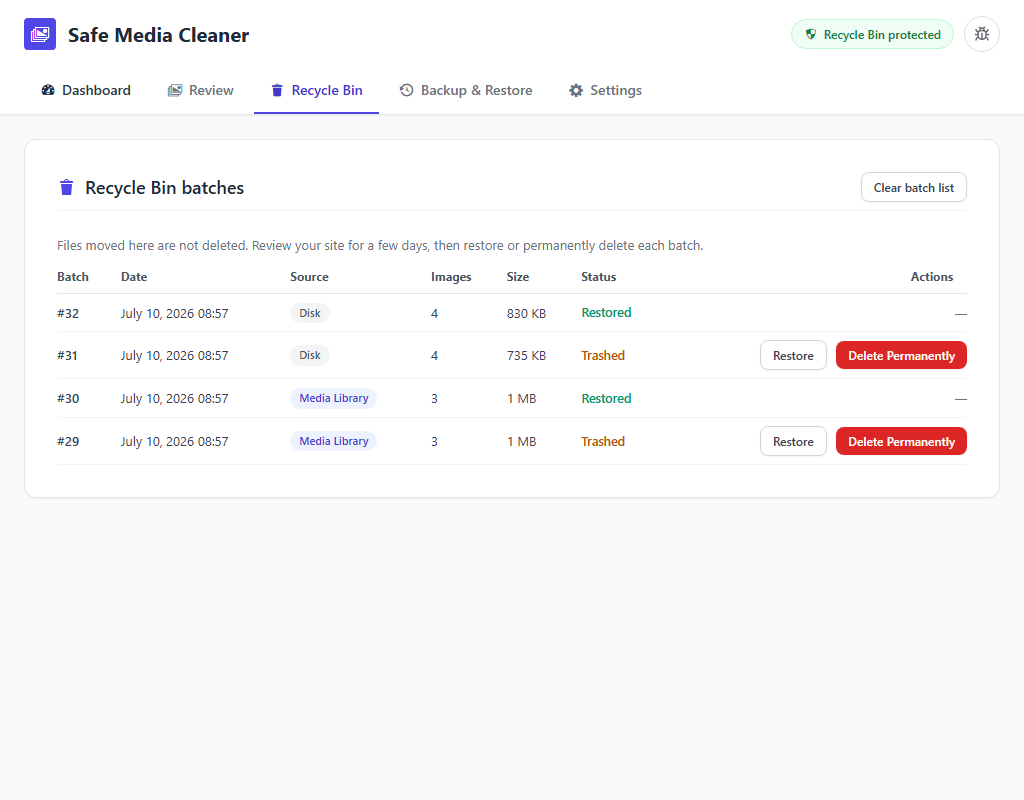 WordPress media Recycle Bin: restore cleaned files with one click