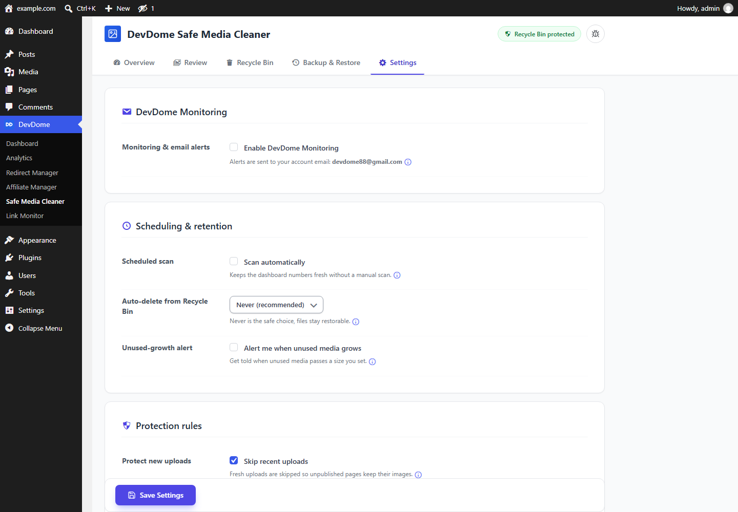 DevDome Media Cleaner settings: scheduled scans, retention and protection rules