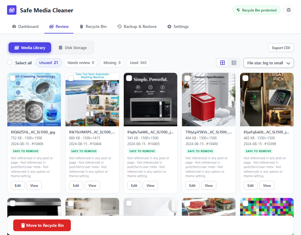 Unused WordPress images review with the reason each image is unused, filters and bulk selection
