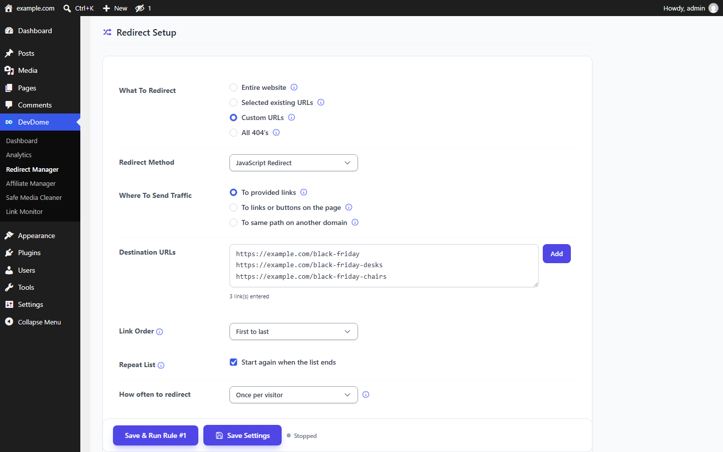Redirect setup: what to redirect, 301 to meta refresh methods, destination list, link rotation order and redirect frequency