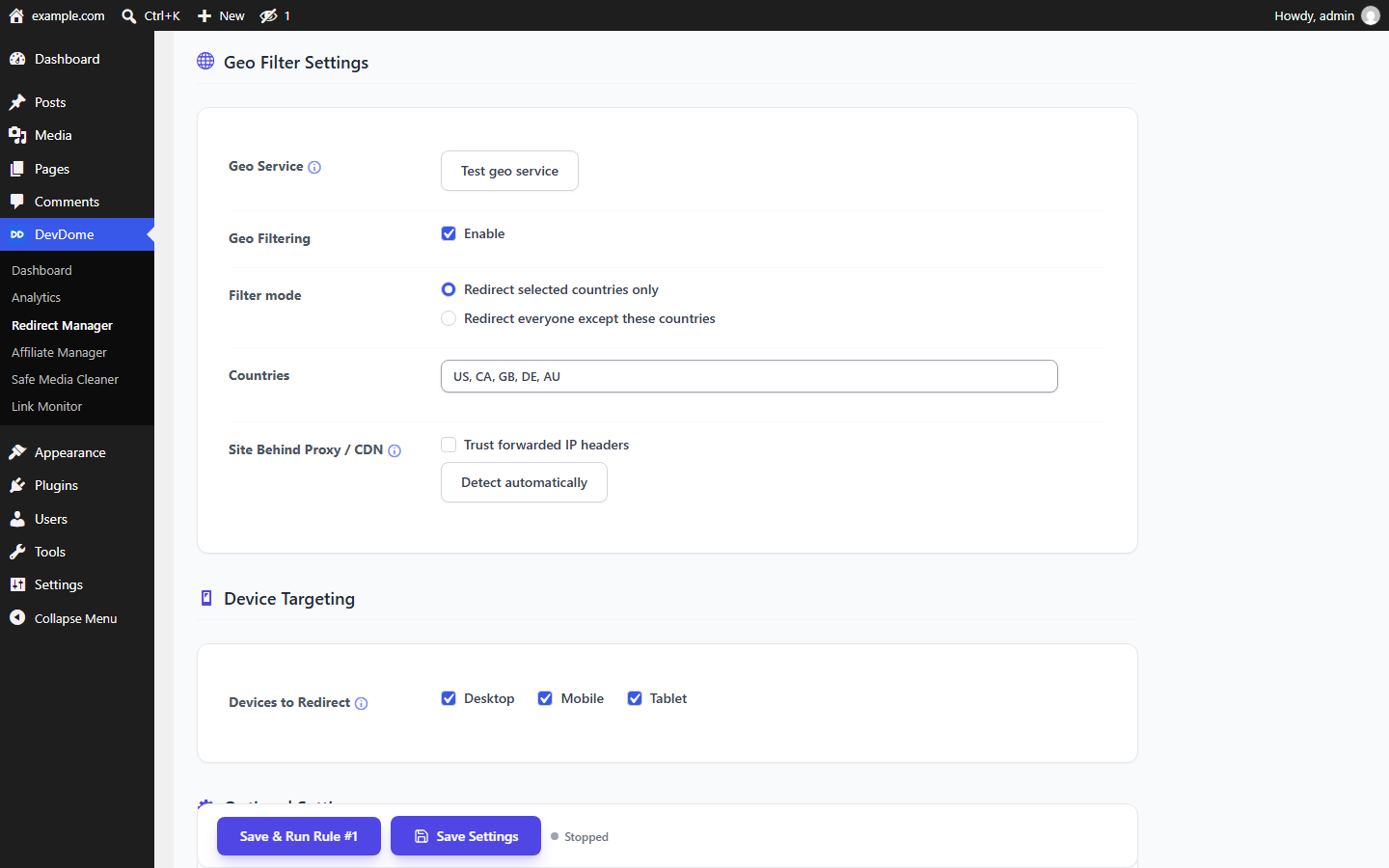 Geo targeting: redirect only visitors from listed countries or everyone except them