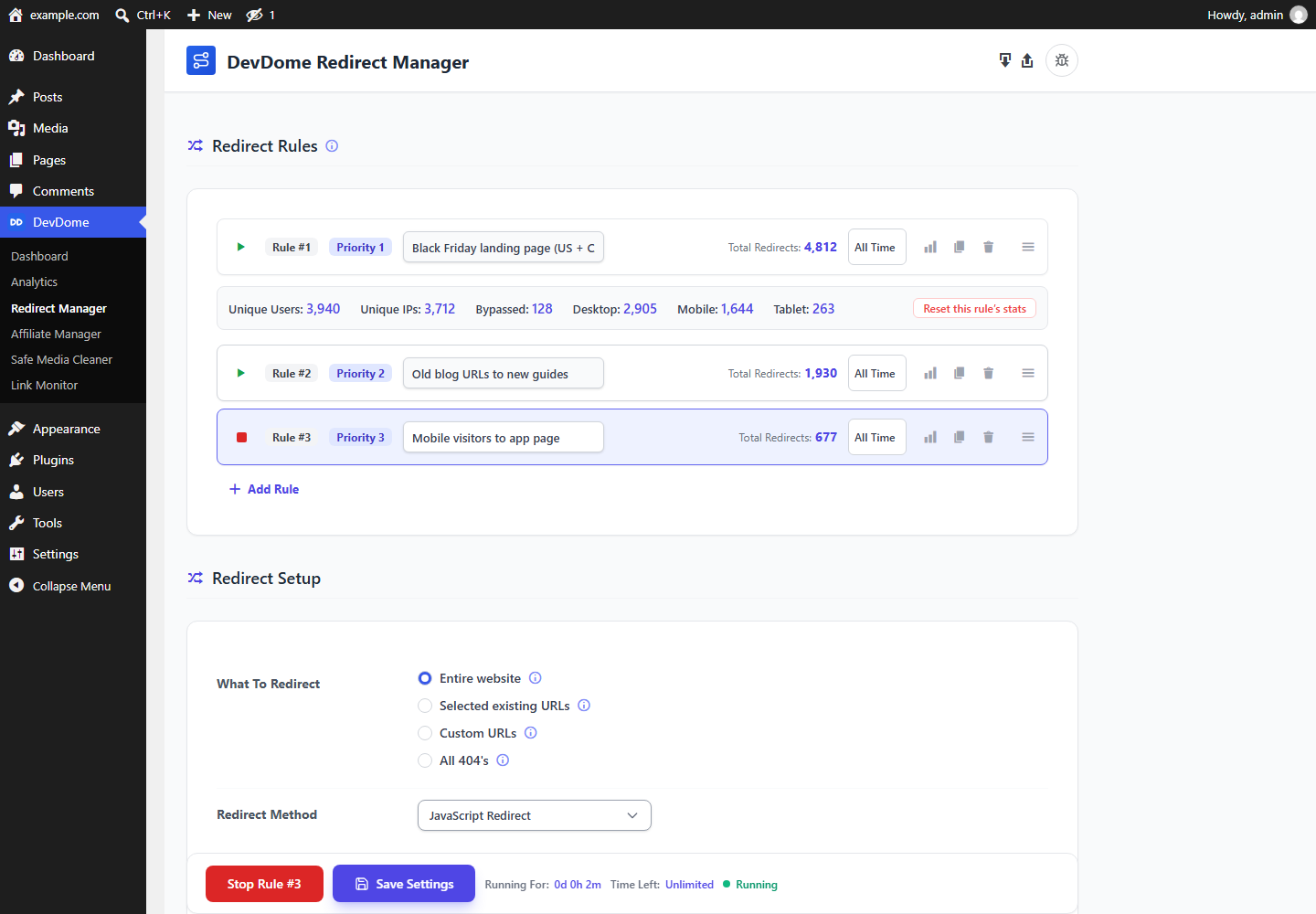 DevDome Redirect Manager rules: several WordPress redirect rules side by side with priority, nickname and redirect statistics