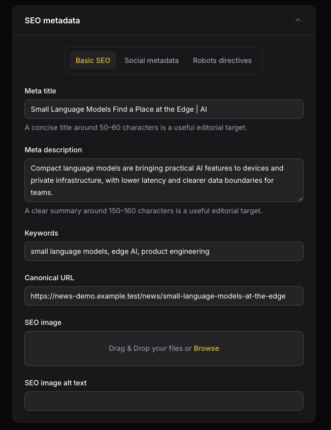 Relationship-bound SEO form with Basic SEO, Social Metadata, and Robots Directives tabs