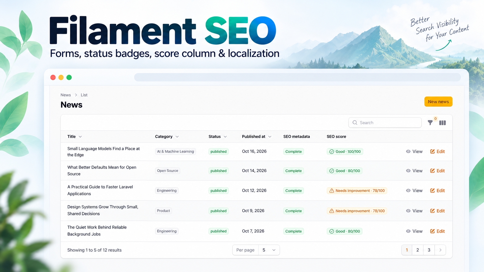 Filament SEO package thumbnail showing the News resource and native SEO form tabs