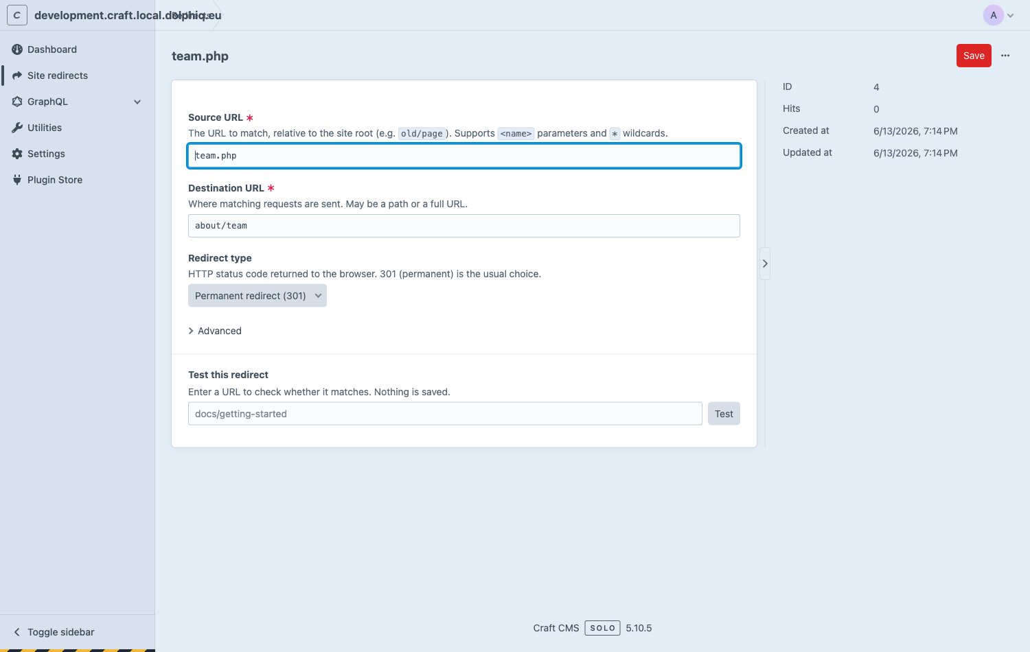 Redirect edit form with match-type picker and live test