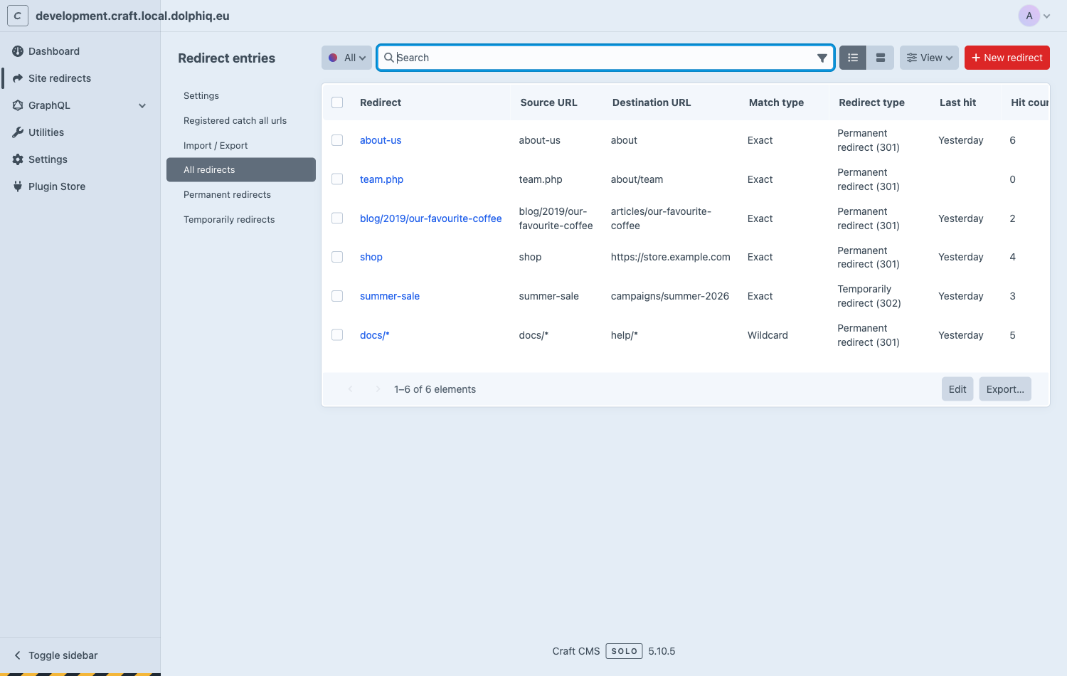 Redirect overview in the Craft control panel