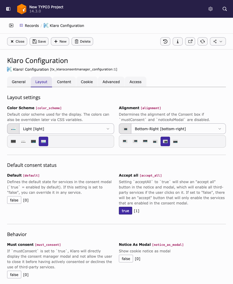 TYPO3 backend form for Klaro configuration