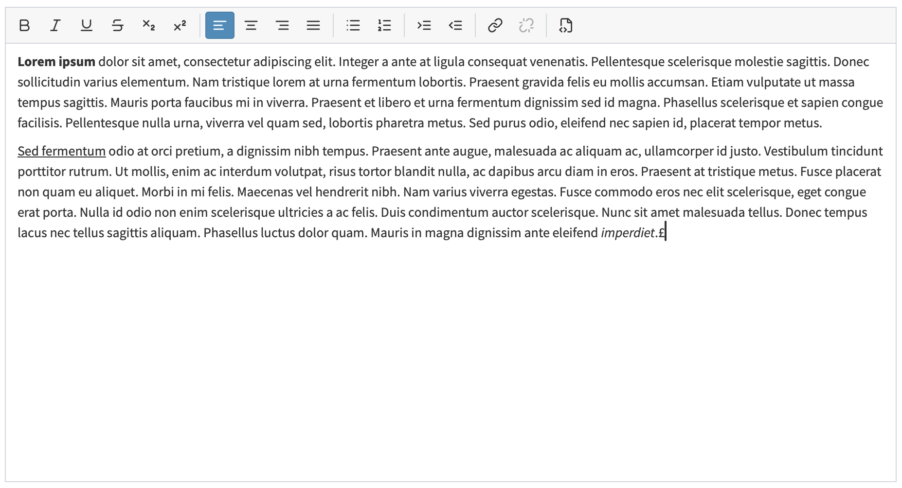 The rendered LexicalFormType field: the toolbar (text formats, alignment, lists, indentation, link and source-code buttons) above the editable surface