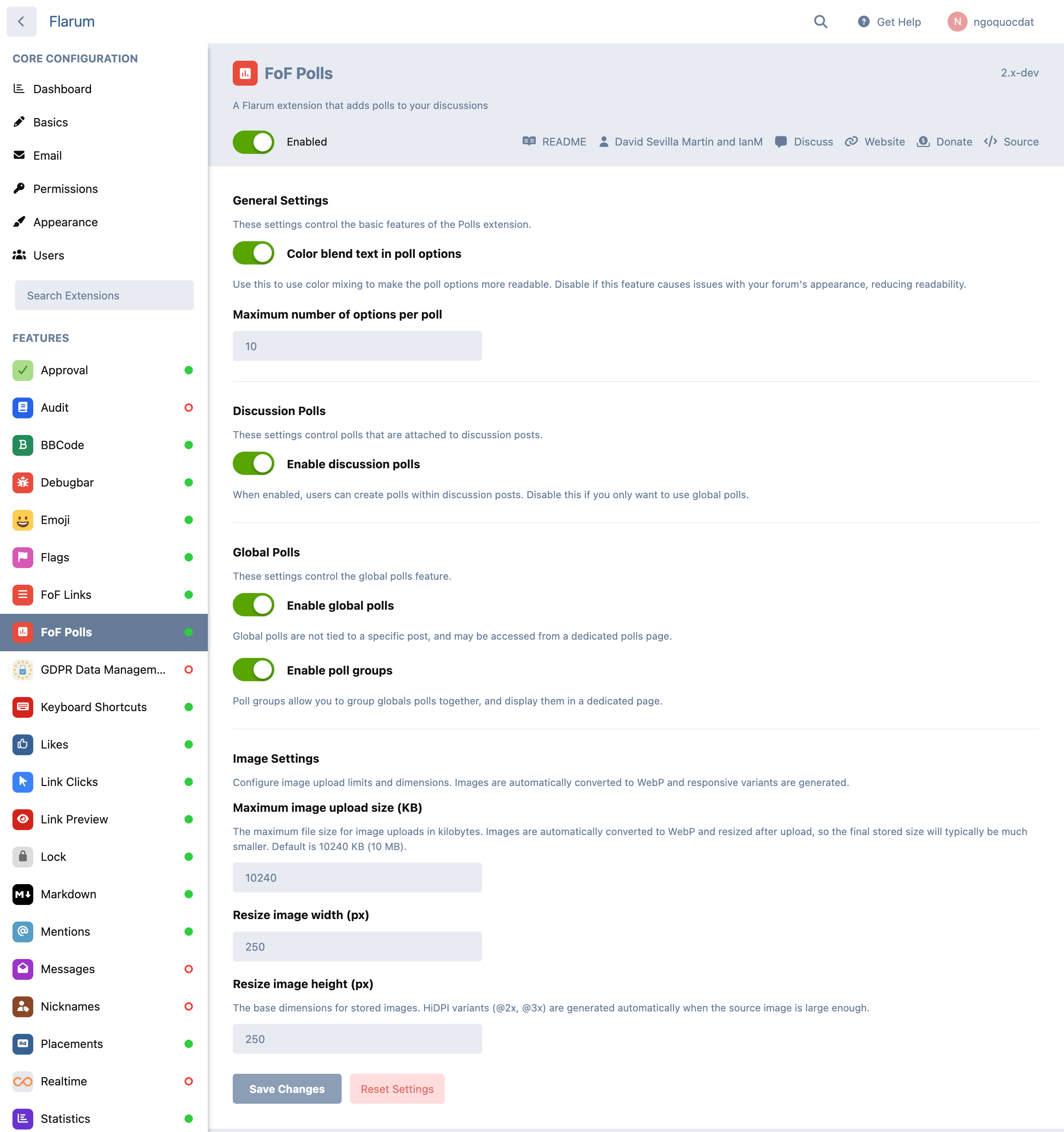 Extension settings