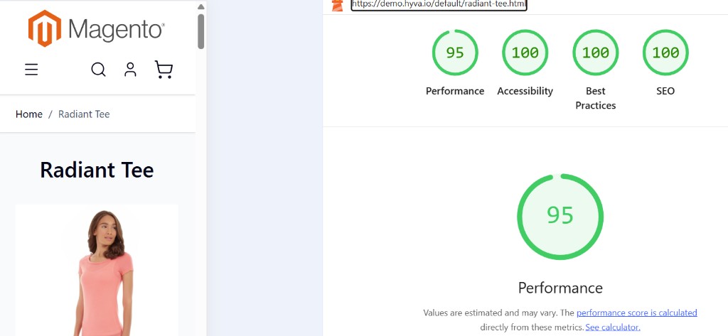 Lighthouse: Hyvä demo — summary scores (mobile PDP sample)