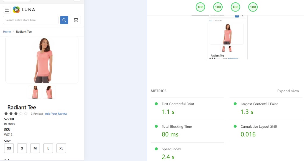 Lighthouse: Tailwind Luna — metrics (mobile PDP sample)