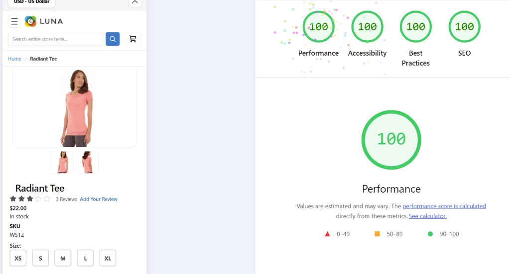 Lighthouse: Tailwind Luna — summary scores (mobile PDP sample)