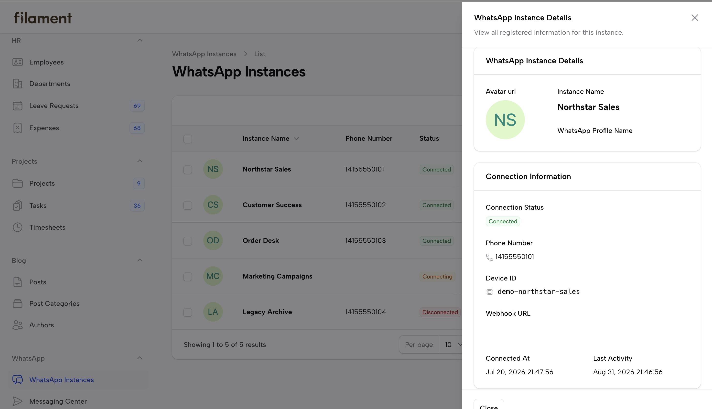 WhatsApp instance details slide-over in Filament