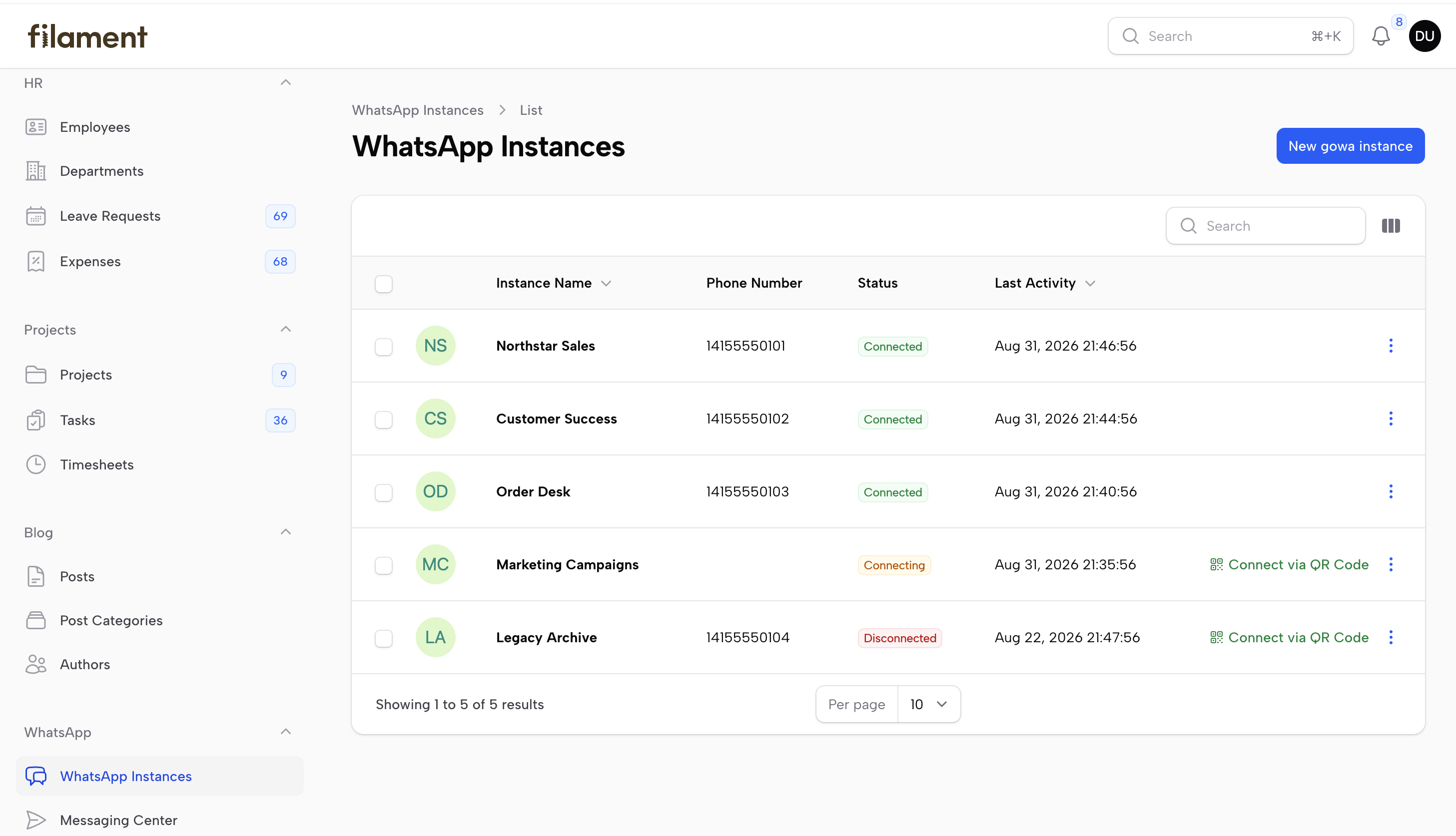 WhatsApp instances list in Filament