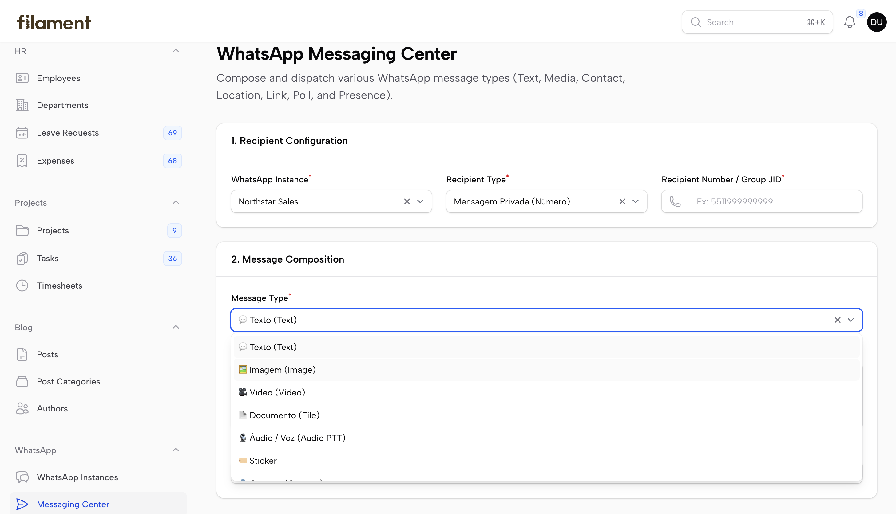 WhatsApp Messaging Center in Filament