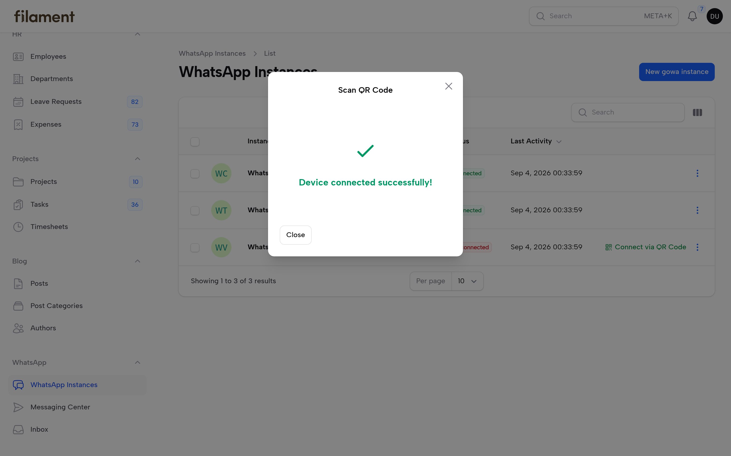 WhatsApp QR Code Modal in Filament