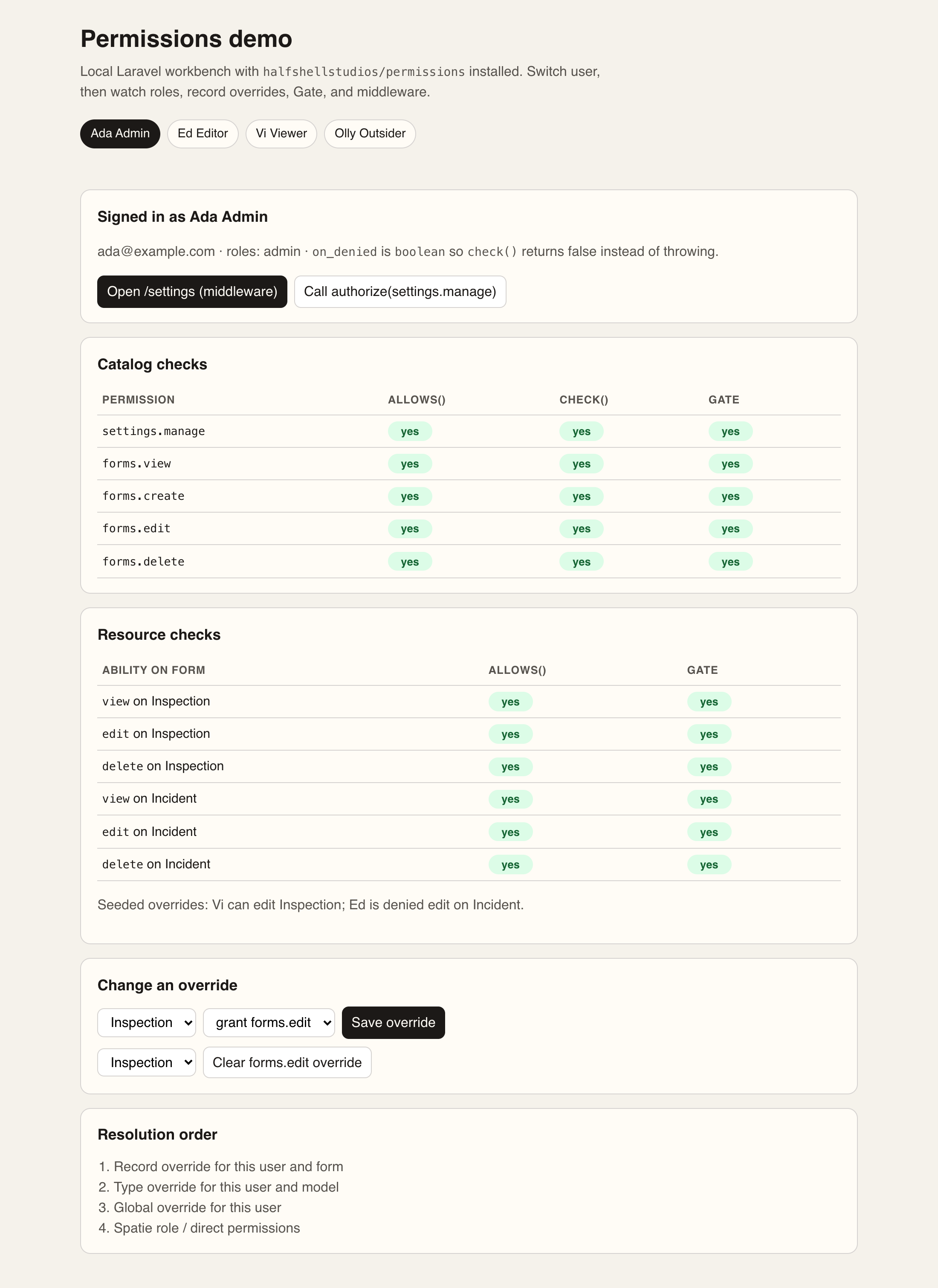 Ada Admin on the demo page