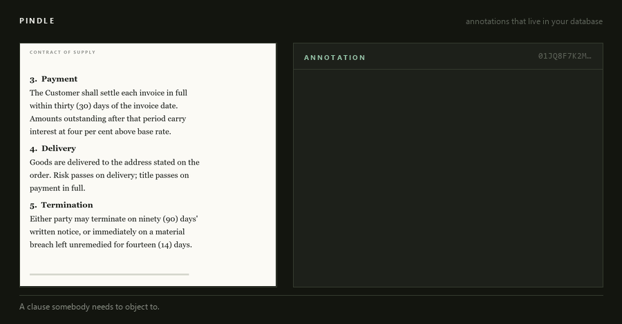 Pindle: a mark on a page becomes a row you can query, and says so when the document changes