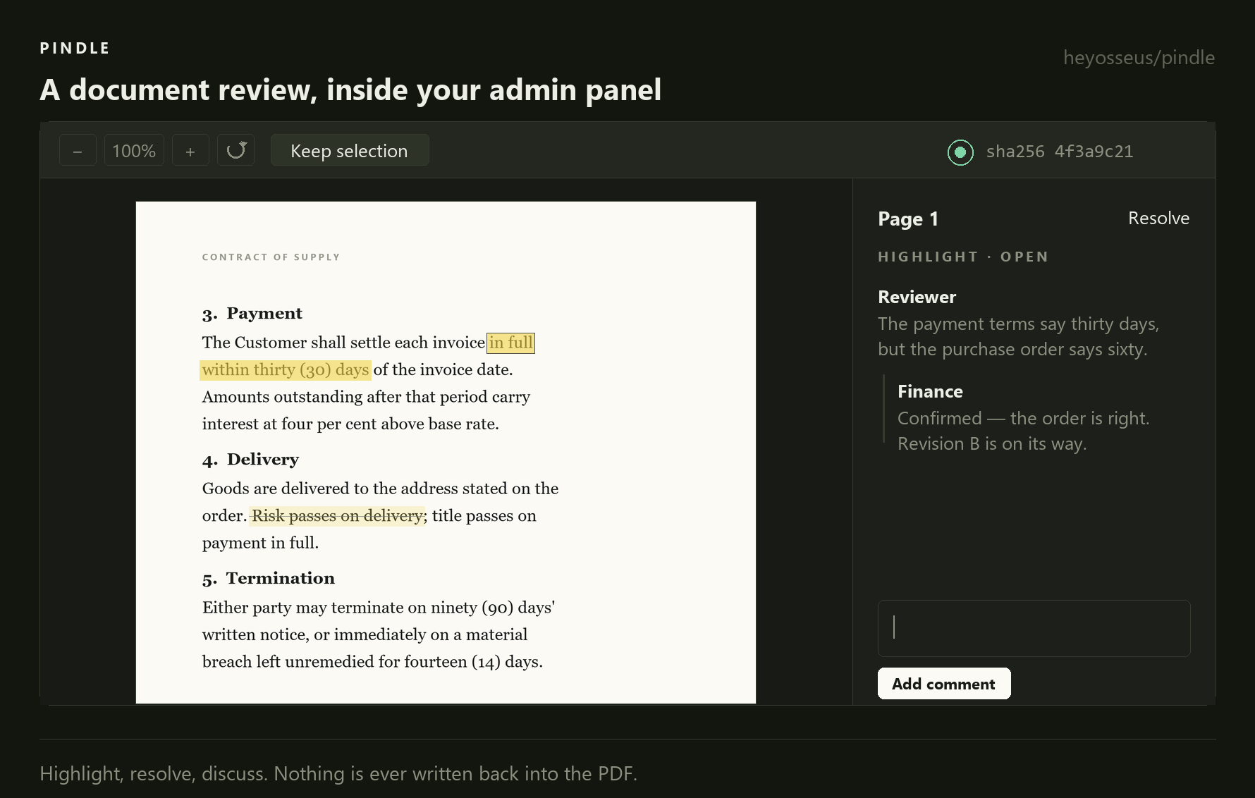 The viewer: marks on the page, a thread beside it, and an orphan flagged