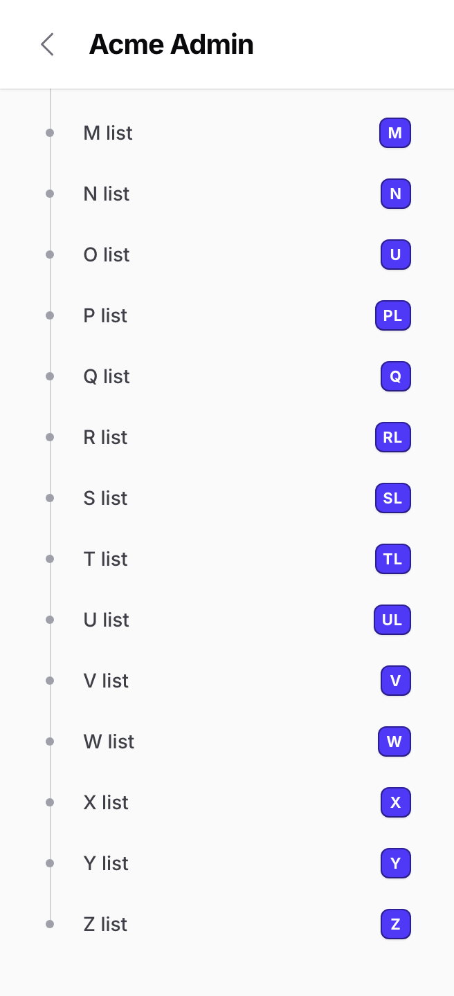A crowded sidebar where later items have two-letter badges such as PL and RL