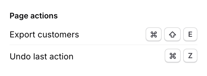 The Page actions section listing a header action and a key announced with a data attribute