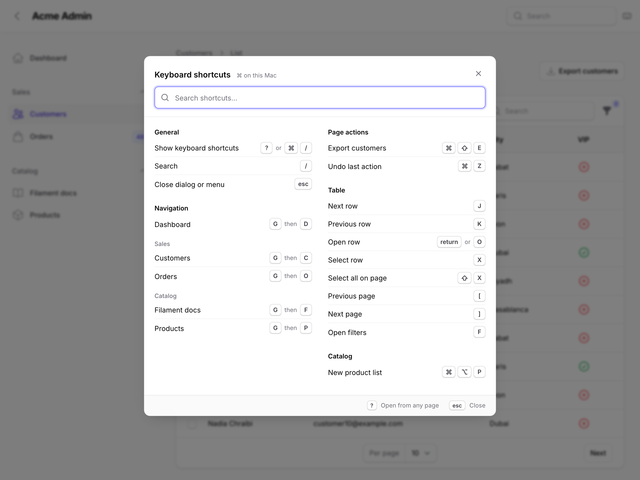 The shortcuts sheet listing general, navigation, page action, table and custom shortcuts