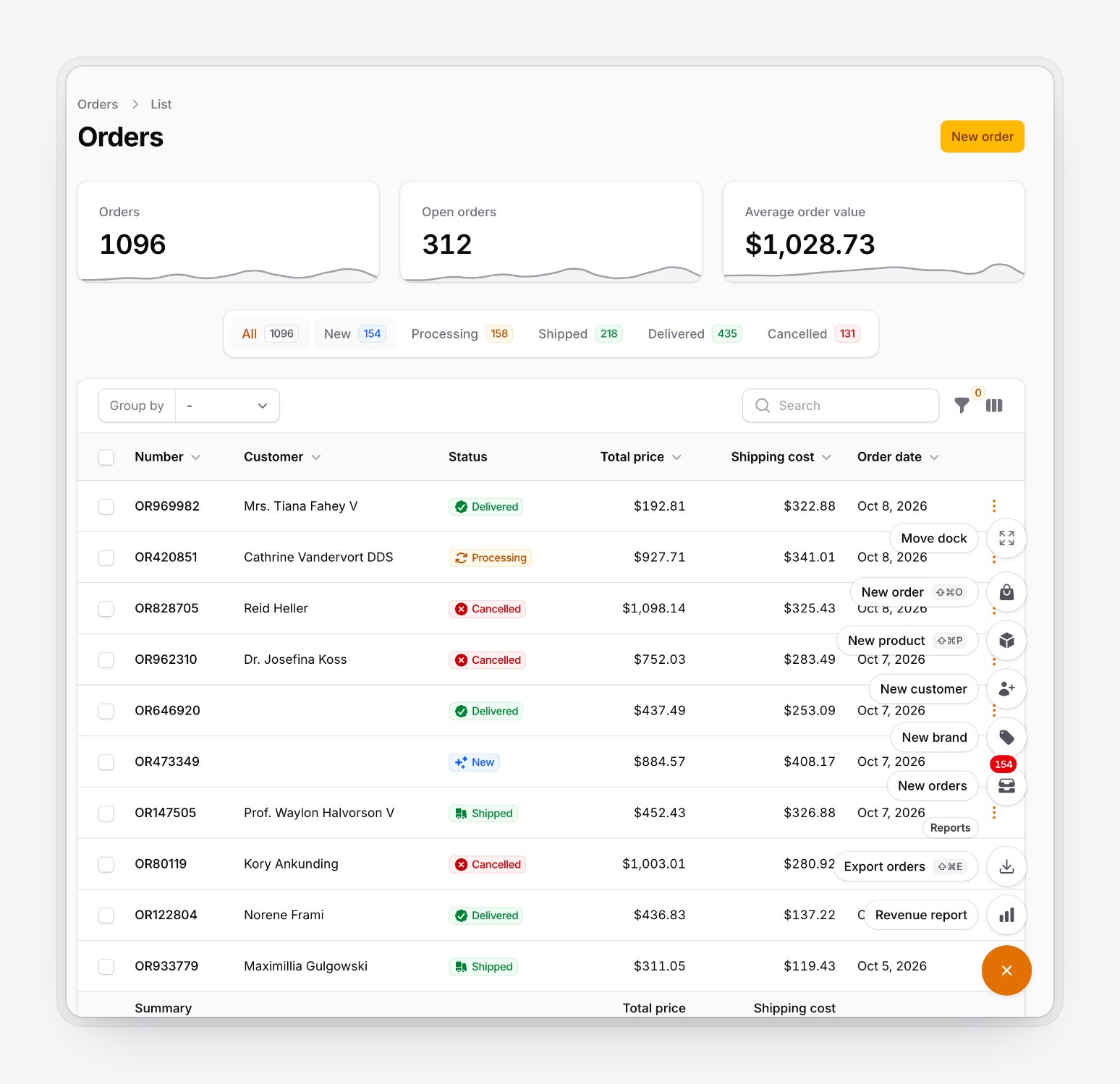 The speed dial open on the Filament demo's Orders page