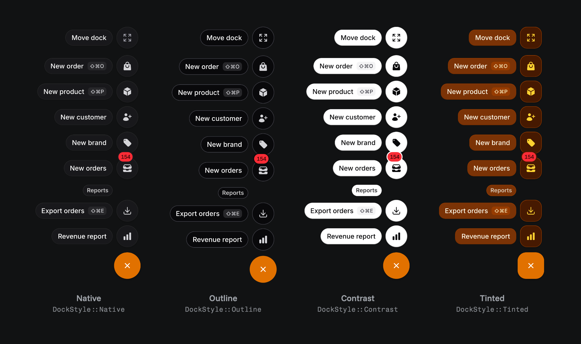 The four styles in dark mode