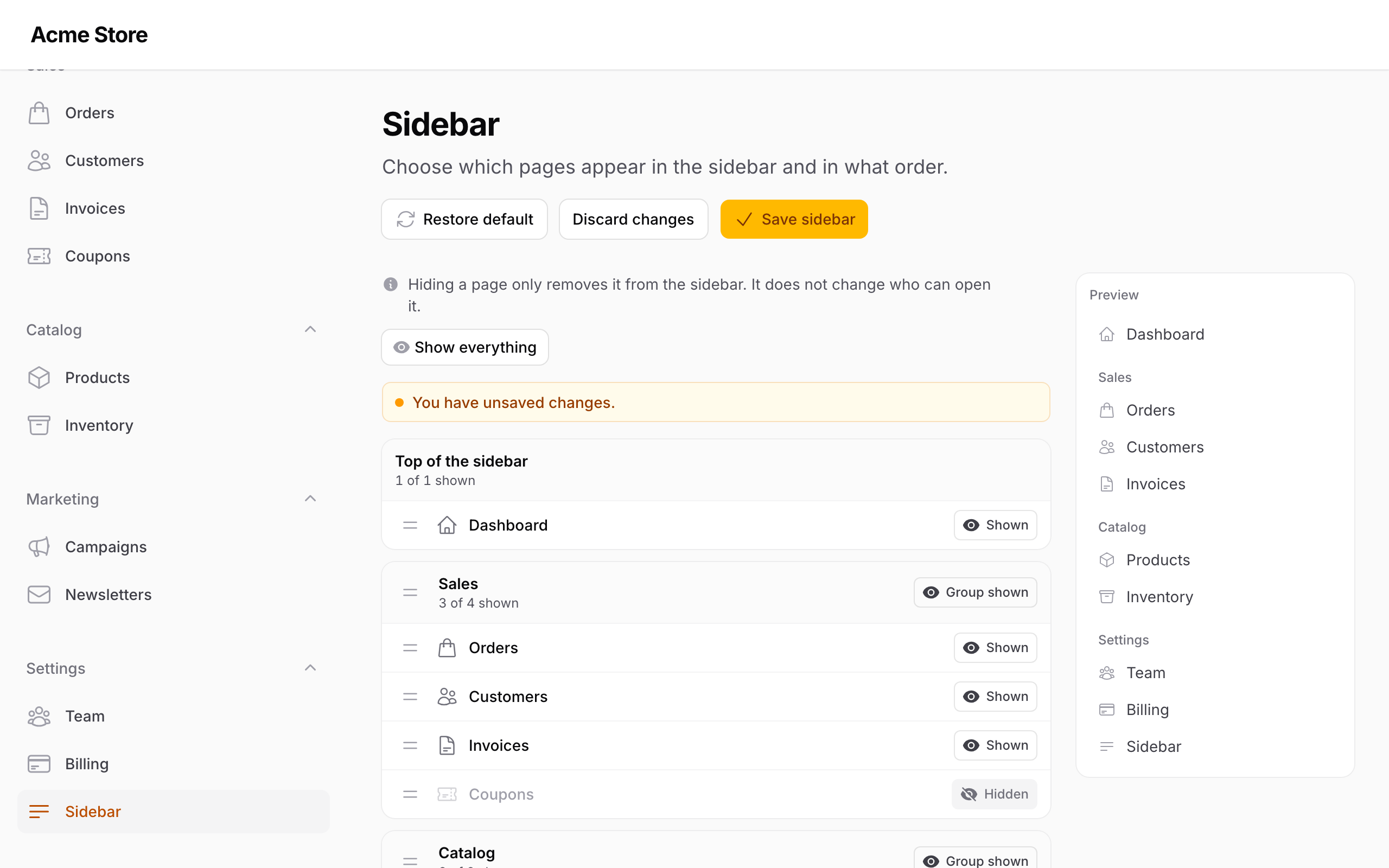 The sidebar editor with a live preview
