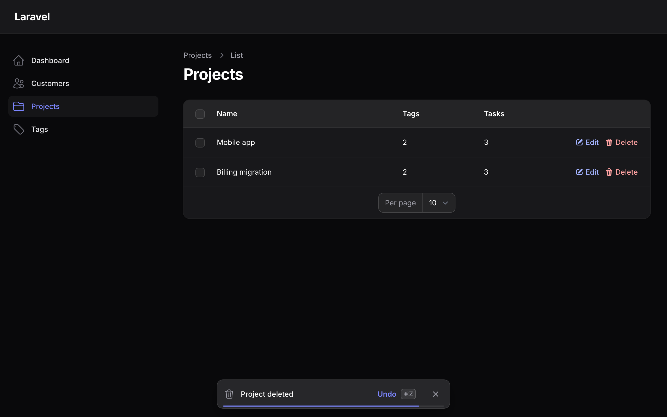 Hard delete of a project, in dark mode