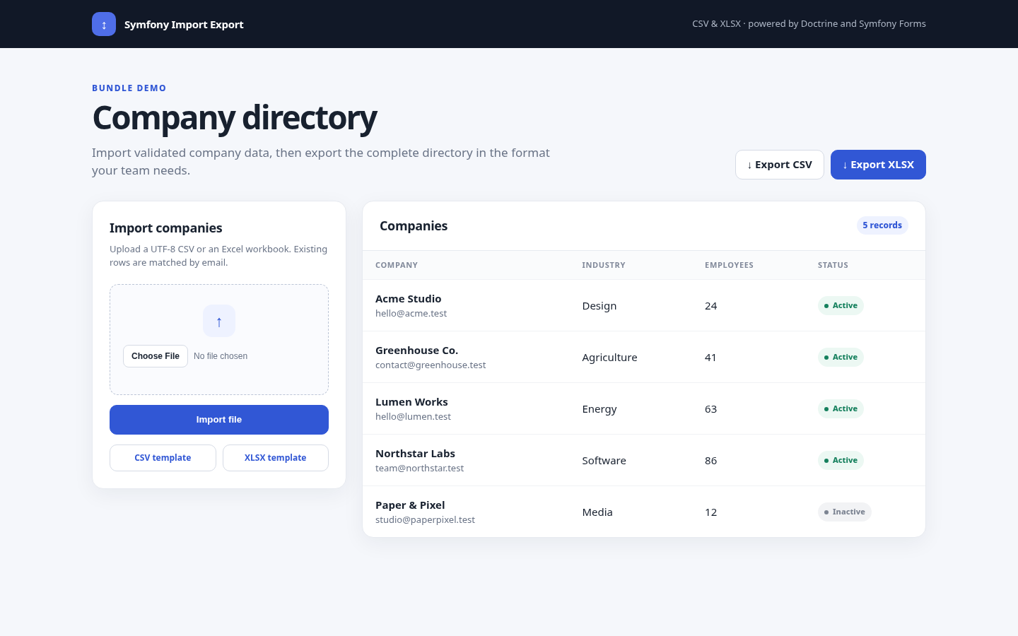 Symfony Import Export Bundle demo