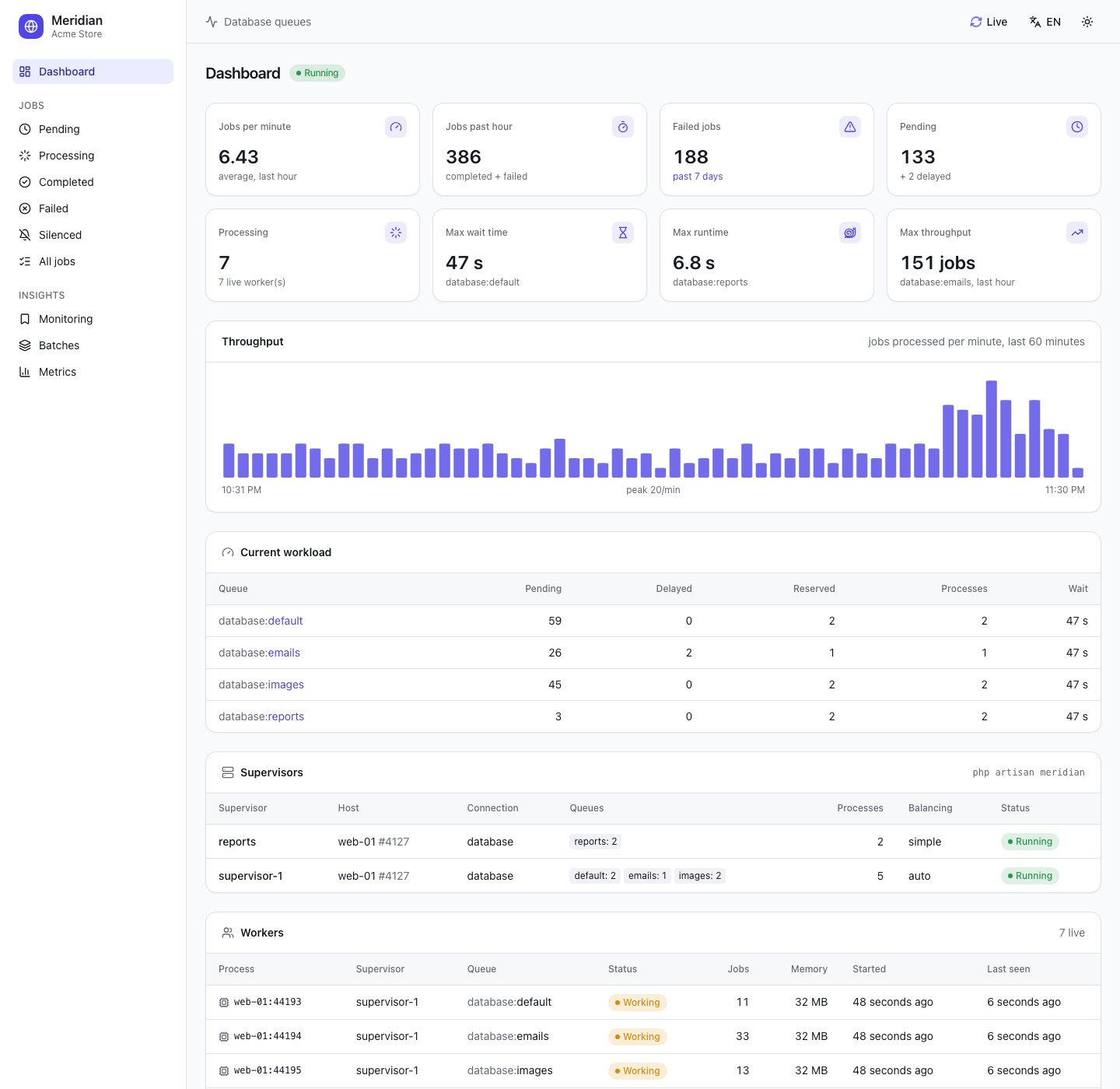 The Meridian dashboard: jobs per minute, failures, pending jobs, throughput chart, workload per queue, supervisors and workers