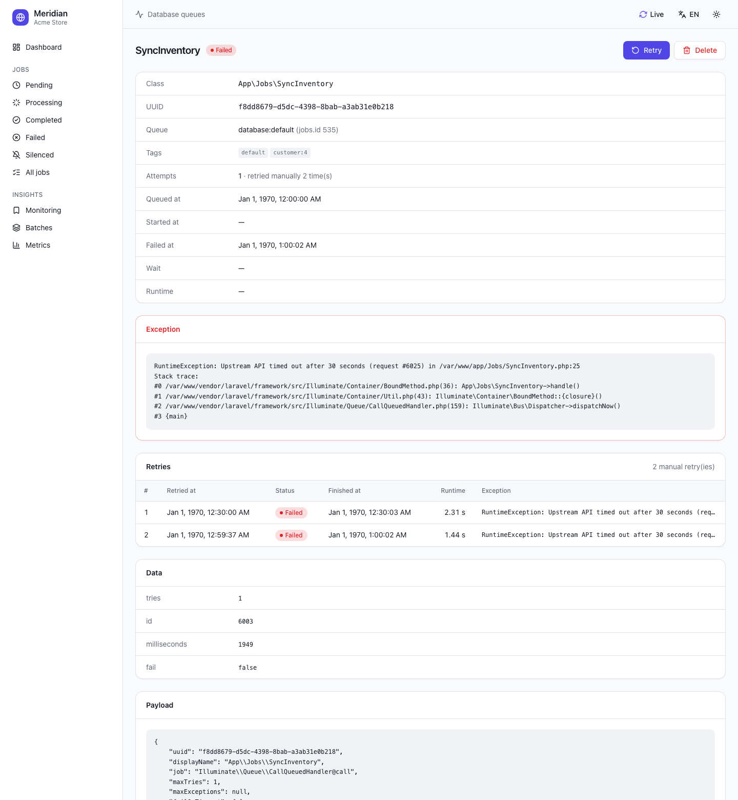 A failed job with its exception, retry history, data and the retry and delete actions