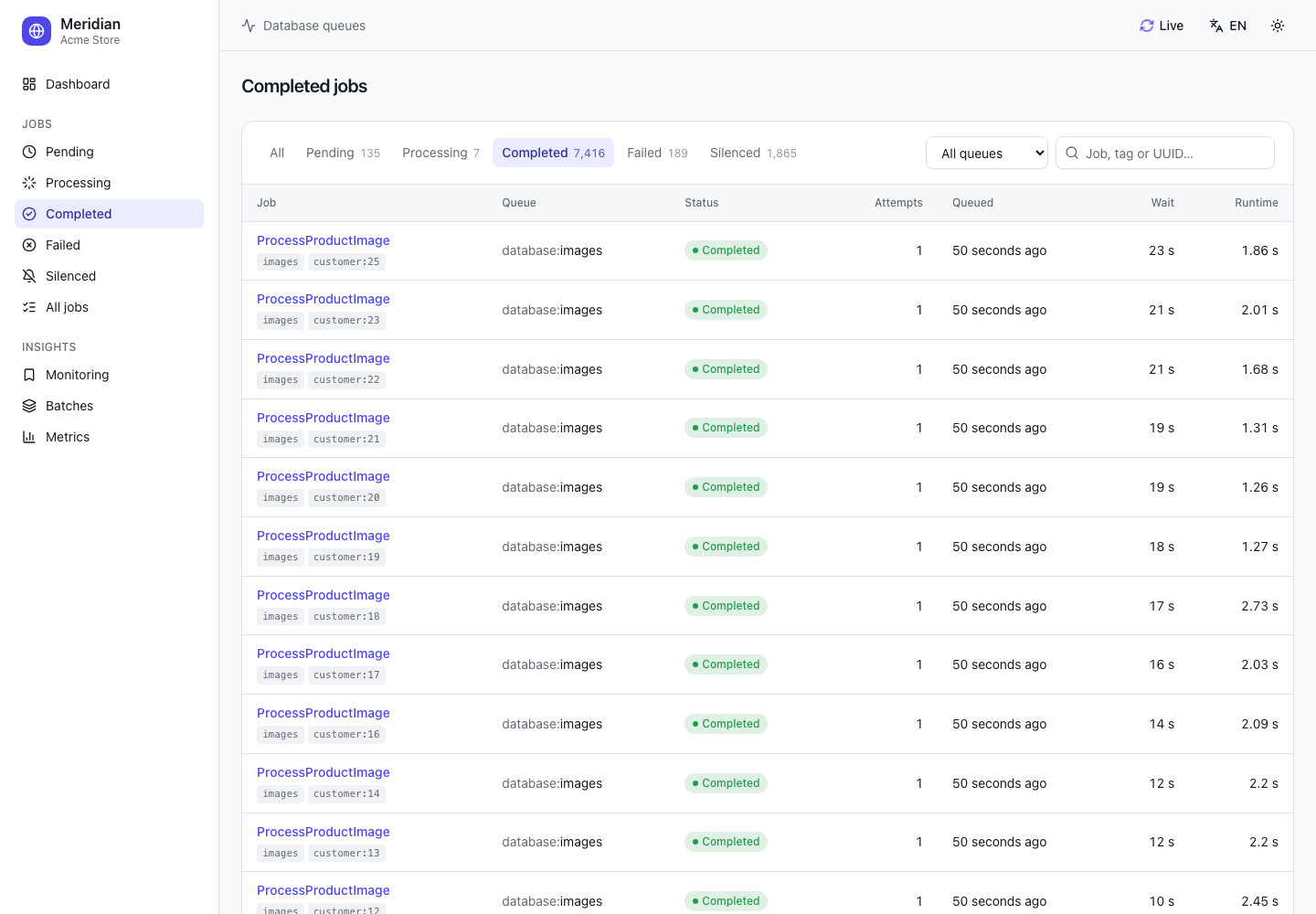 Completed jobs, with their tags, queue, wait time and runtime