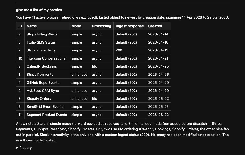 An agent listing proxies, noting that retired ones were excluded and that the result was not truncated