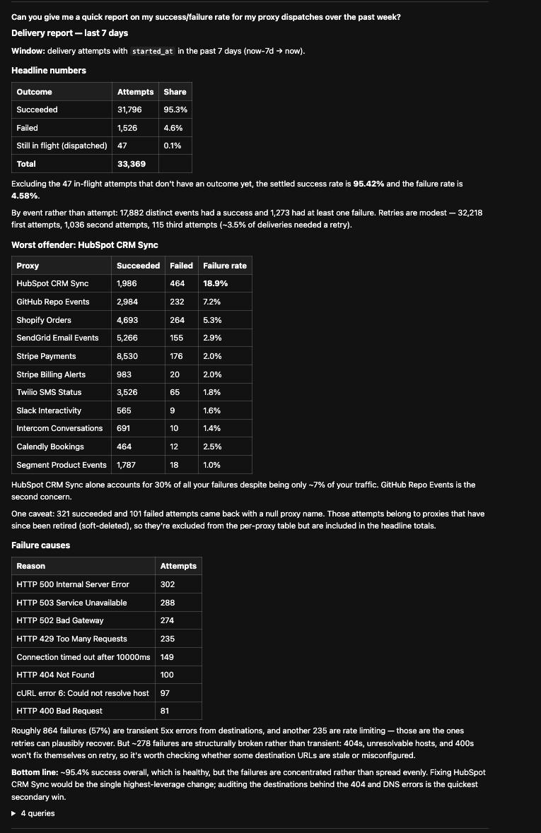 An agent producing a delivery report from four separate query plans