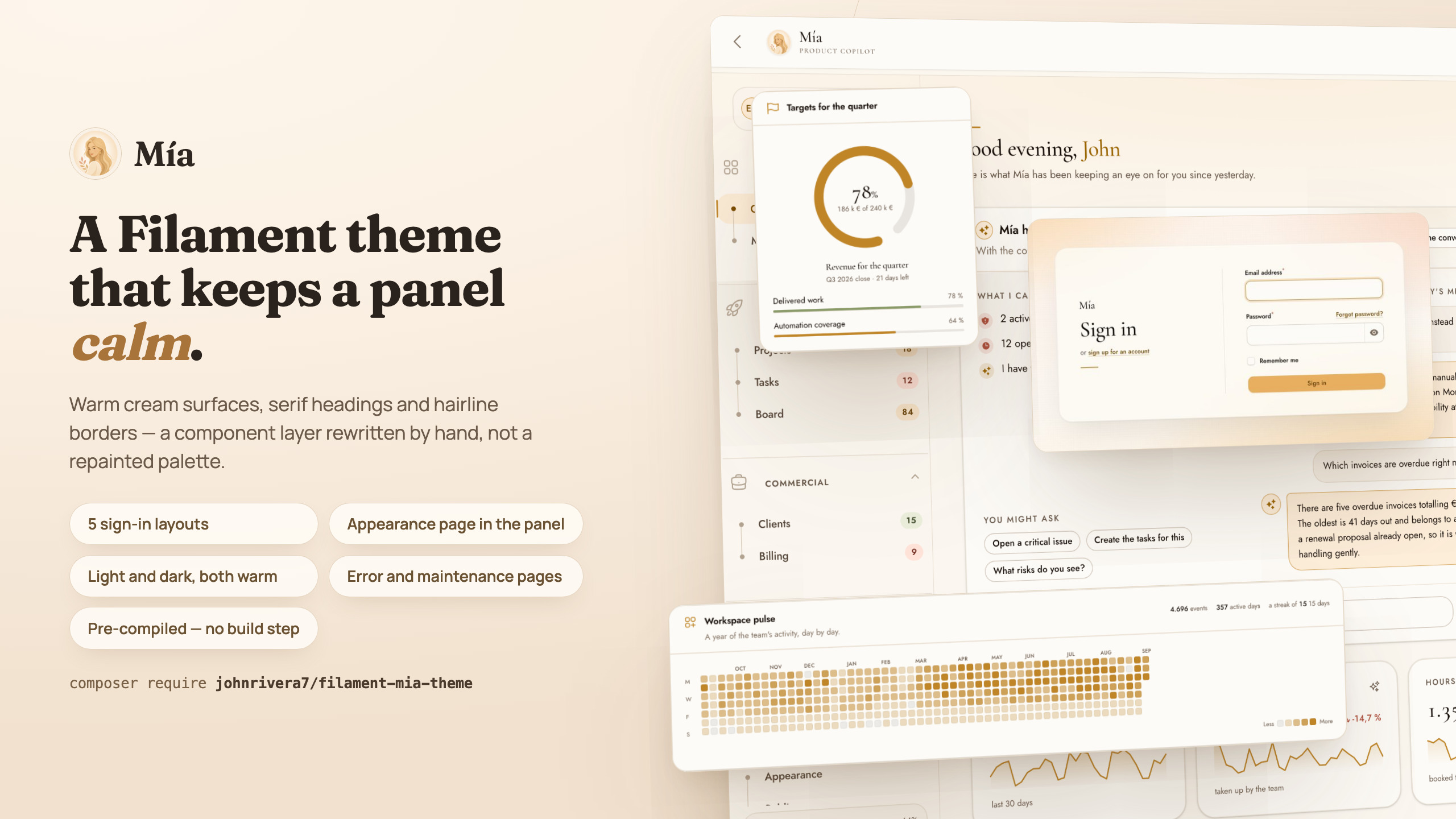A warm cream canvas reading A Filament theme that keeps a panel calm, beside the panel itself, a quarterly targets card and the sign-in screen arranged in perspective