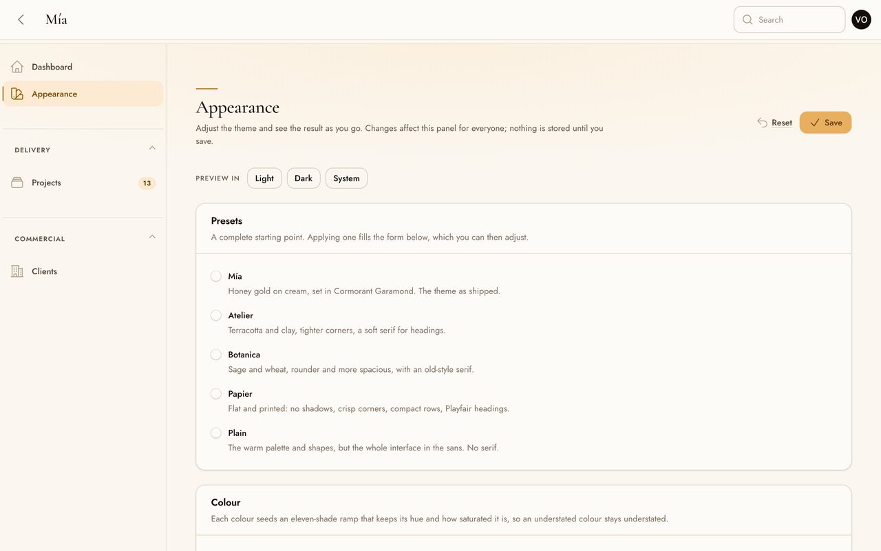 The appearance page: colour, typography, shape and depth controls beside a specimen of the components they affect