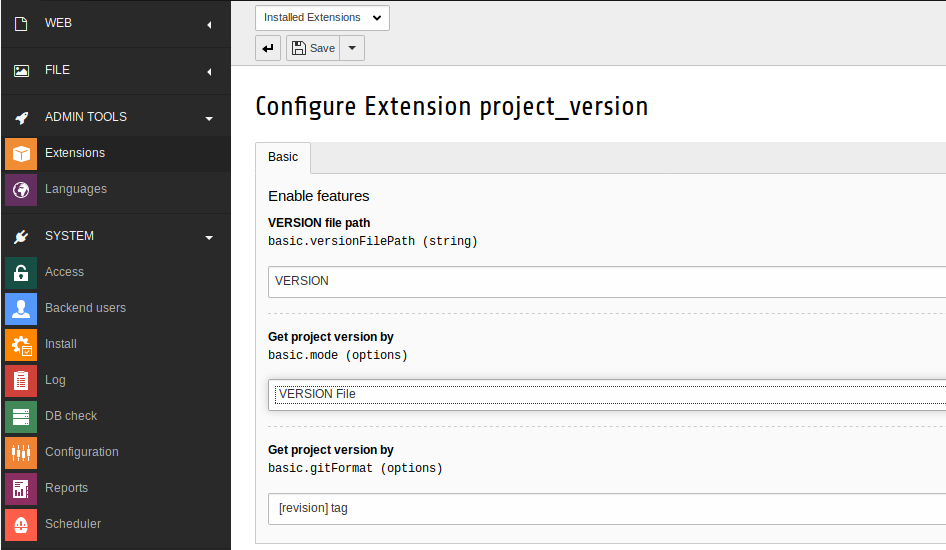 default extension configuration