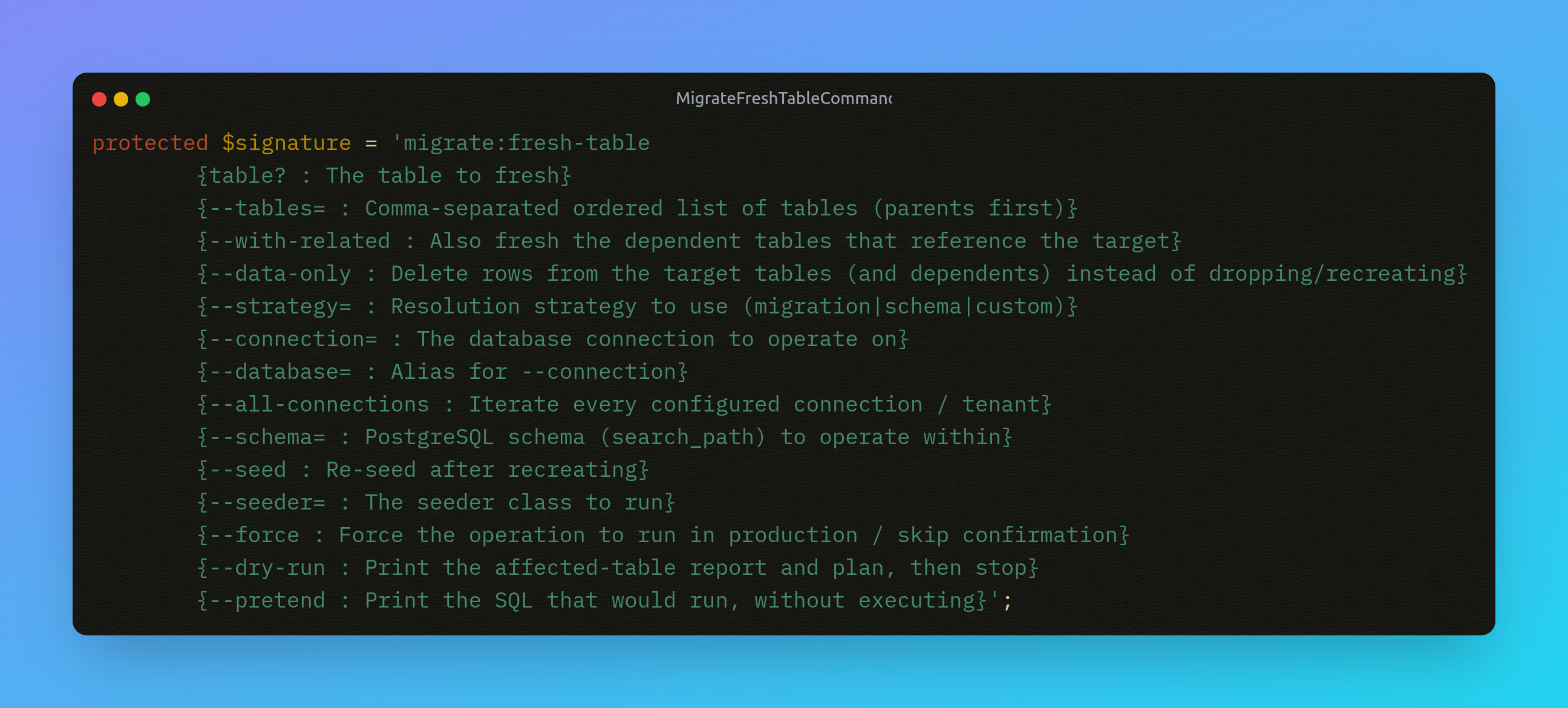 migrate:fresh-table command reference: arguments and options