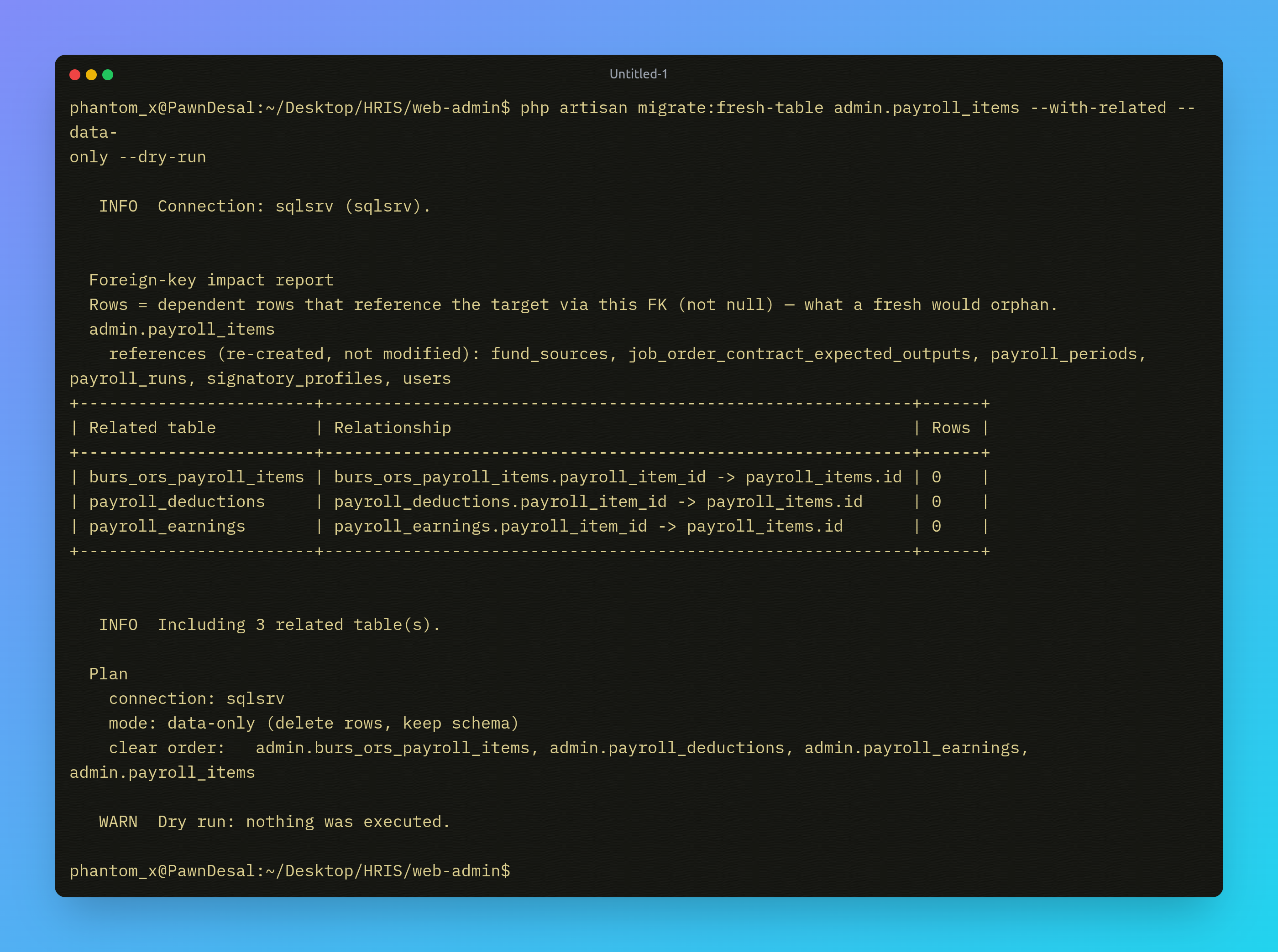 migrate:fresh-table dry-run showing the foreign-key impact report and plan