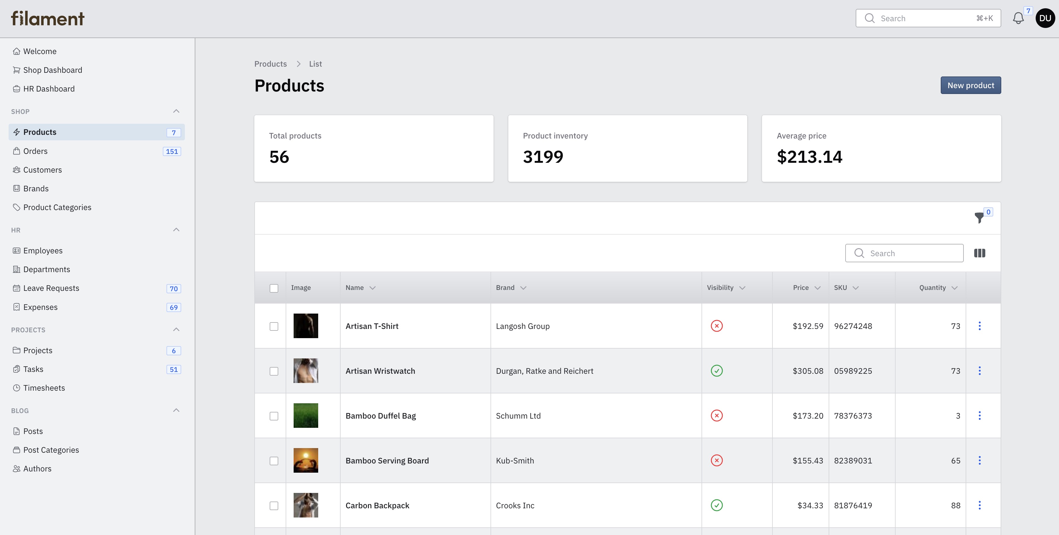 Products table