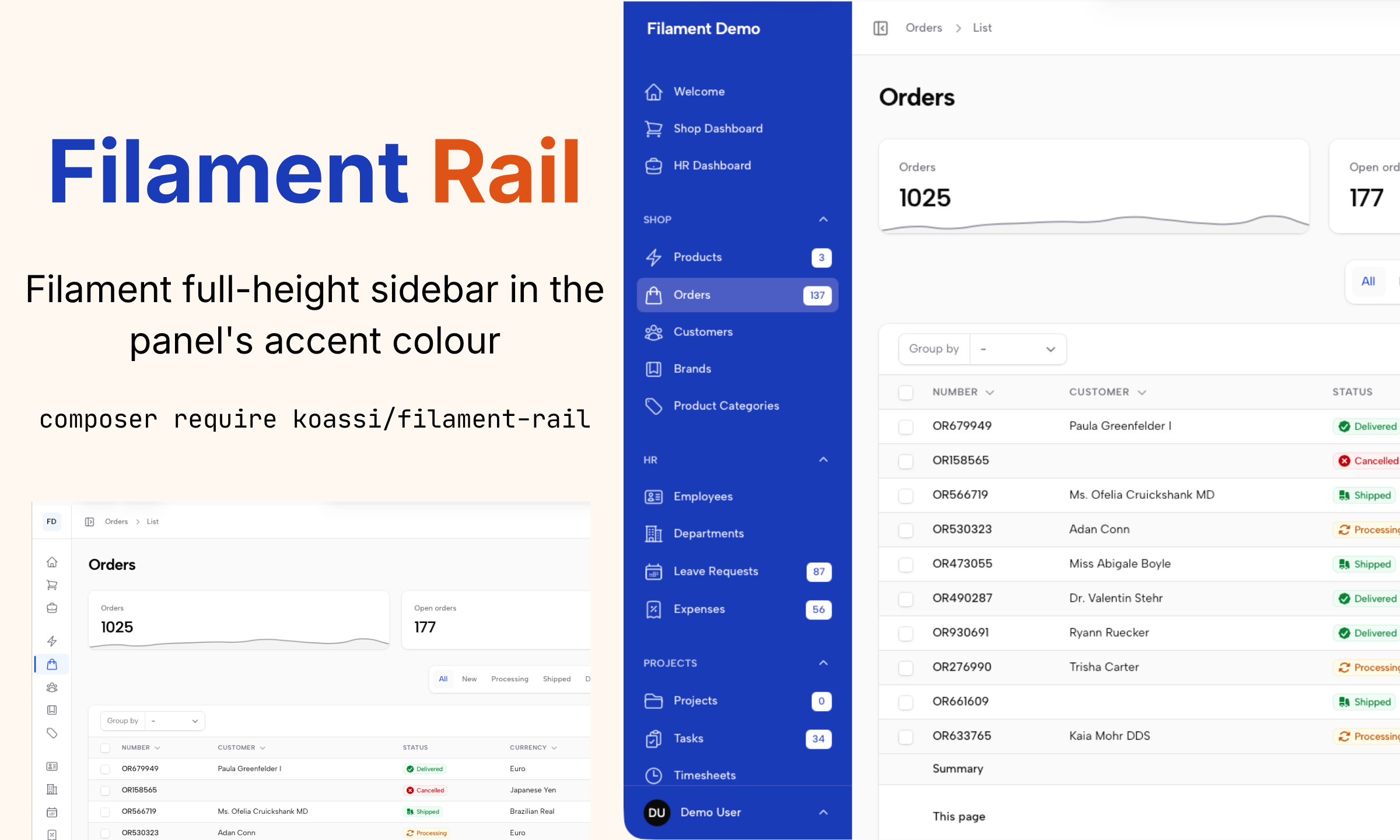 Filament Rail — a Filament full-height sidebar in the panel's accent color
