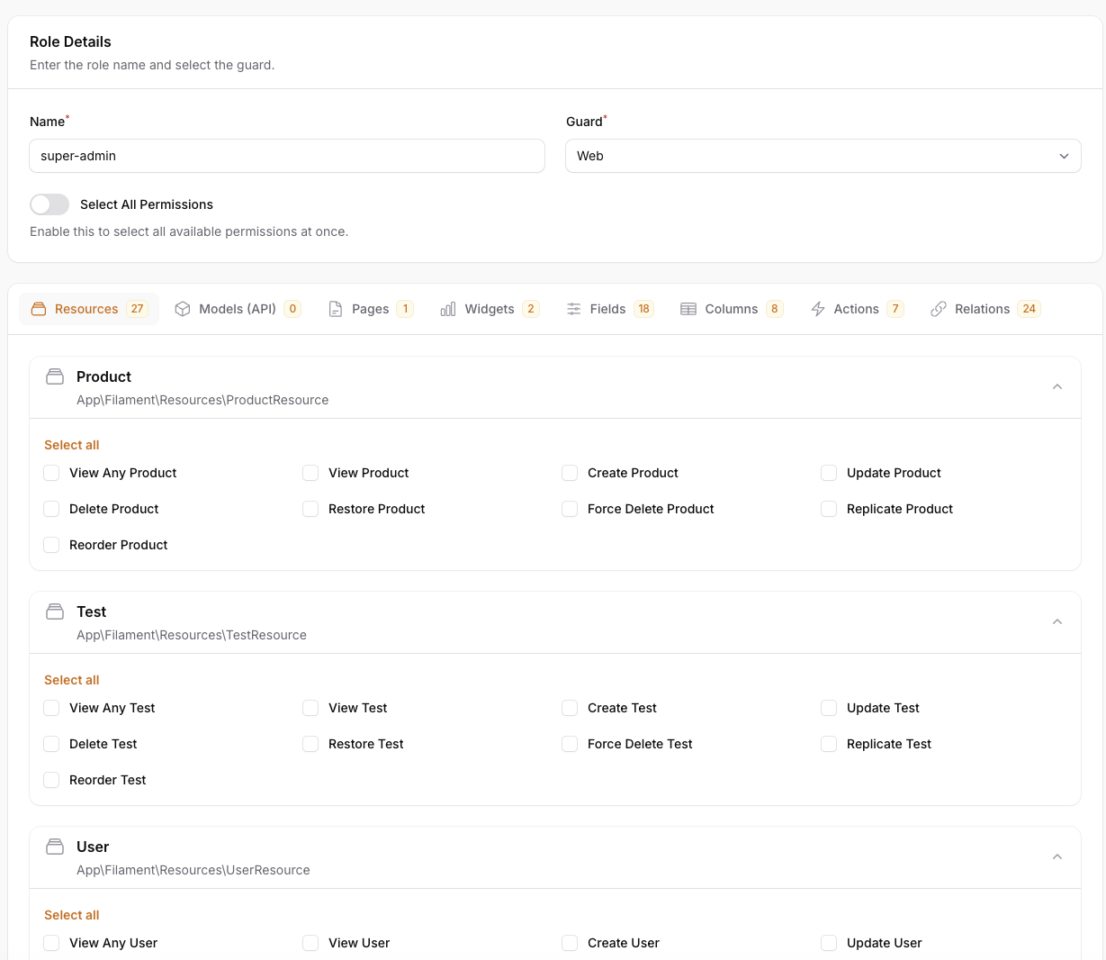 Filament Gatekeeper — Permission Management UI