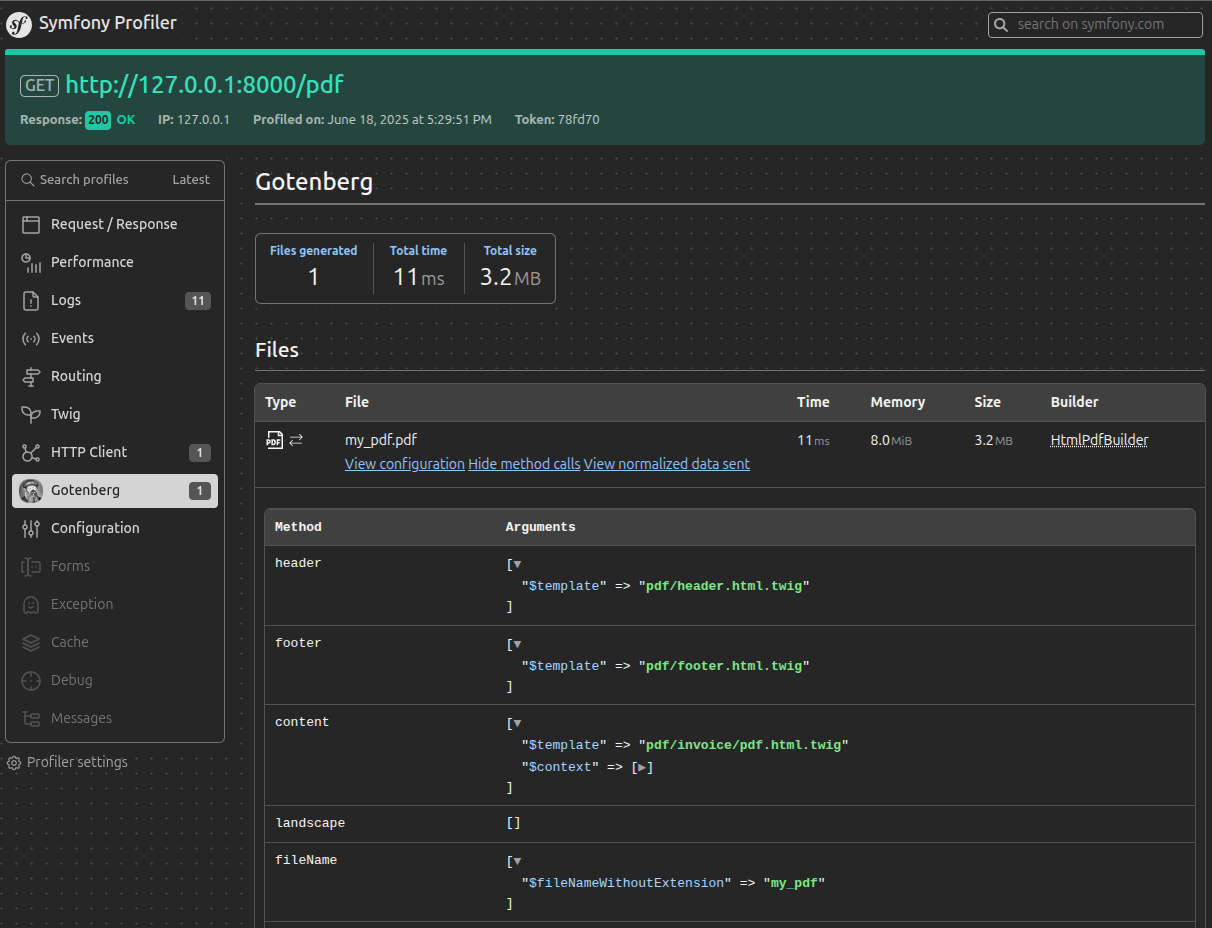 SensioLabs Gotenberg Bundle profiler