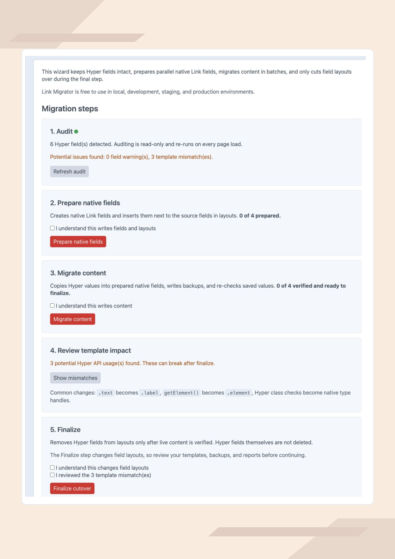 Link Migrator Control Panel wizard